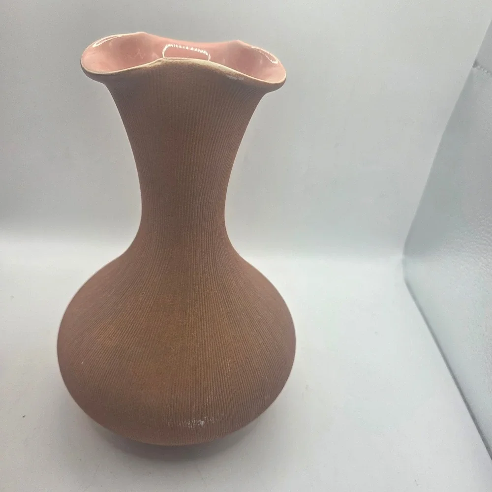Vintage West Germany 963 Pottery Vase Pink Ribbed Wavy Rim Mid Century MCM